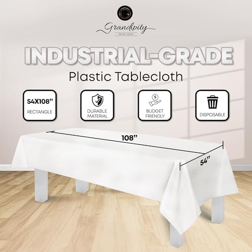 Grandipity 12 Pack Premium Disposable Plastic Tablecloth 54 Inch. x 108 Inch. with 0.3mm Thickness Table Cover - White