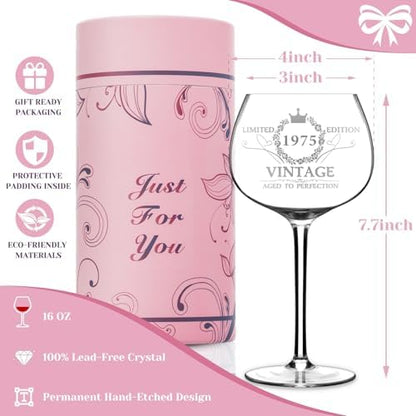 50TH Birthday Gifts for Her, Vintage 1975 Engraved 50th Wine Glass, 50 Year Old Birthday Decorations For Women, Funny 50 Bday Gifts Idea For Women, Friends, Daughter, Sister Mom - Turning 50 Present