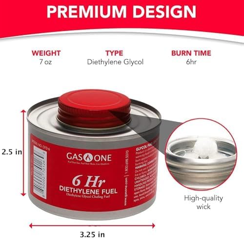 Gas One 12 Pack 6 Hour Chafing Fuel - Food Warmer for Chafing Dish Buffet Set - Reusable Liquid Safe Fuel With Wick & Lid Opener