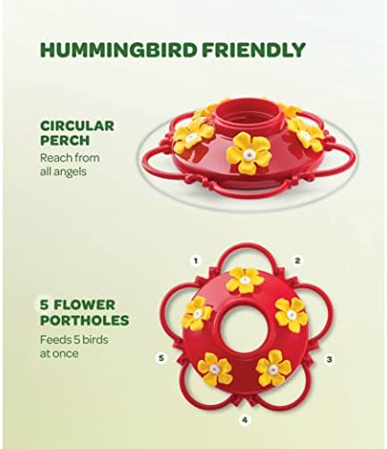 Hummingbird Feeder 10 oz [Set of 2] Plastic Feeders for Outdoors, with Built-in Ant Guard - Circular Perch with 5 Feeding Ports - Wide Mouth for Easy Filling/2 Part Base for Easy Cleaning