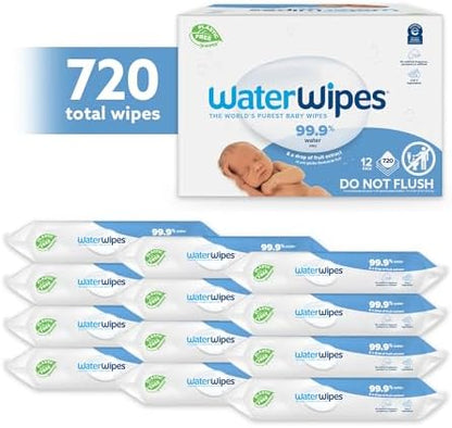 WaterWipes Original Baby Wipes, 99.9% Water, 3-In-1 Cleans, Cares, Protects, Unscented & Hypoallergenic, 720 Count (12 Packs), Packaging May Vary