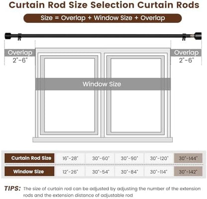 1” Diameter Curtain Rods Itself is 30 to144 inch 1 Pack Fit 30-142 inch, 66 to 120 inch Window with Heavy Duty Adjustable Rod Matte Black Curtain Splicing Metal Extra Long Curtain Rod for Windows