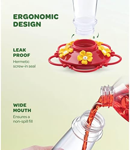 Hummingbird Feeder 10 oz [Set of 2] Plastic Feeders for Outdoors, with Built-in Ant Guard - Circular Perch with 5 Feeding Ports - Wide Mouth for Easy Filling/2 Part Base for Easy Cleaning