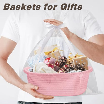 Pro Goleem Small Woven Basket with Gift Bags and Ribbons Durable Baskets for Gifts Empty Small Rope Basket for Storage 12"X 8" X 5" Baby Toy Basket with Handles, Pink