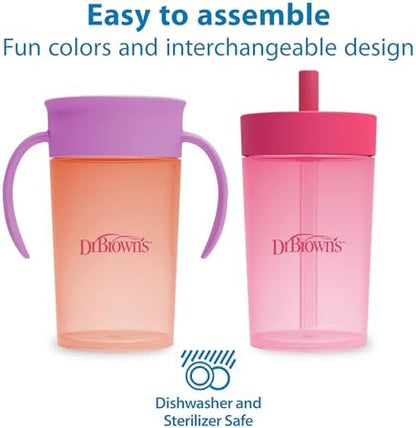 Dr. Brown's Milestones Straw to 360° Cup Set, Convertible Toddler Training Cup Set with Interchangeable Silicone Straw and 360 Degree Cup Lids, Pink Coral, 10 oz/300 mL, BPA Free, 9m+, 2 Pack