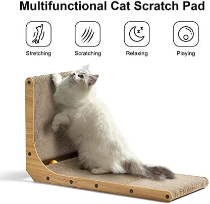 FUKUMARU Cat Scratcher, 26.8 Inch L Shape Cat Scratch Pad Wall Mounted, Cat Scratching Cardboard with Ball Toy for Indoor Cats, Large Size