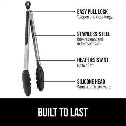 GORILLA GRIP Stainless Steel Heat Resistant Kitchen Tongs for Cooking, 7 + 12 Inch Set of 2 BBQ Tong, Non Scratch Silicone Tip for Pan, Strong Grip, Grab Food, Toss Salad, Air Fryer, Pull Lock, Black