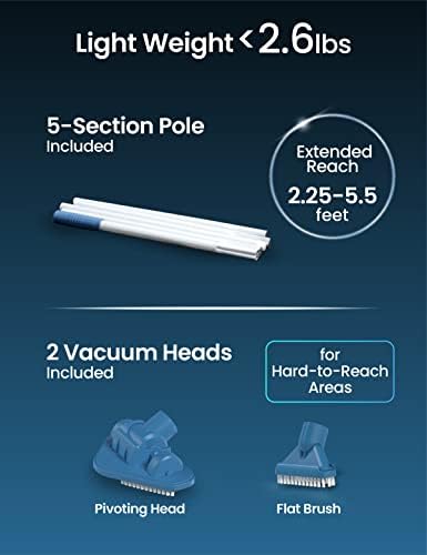 KOKIDO (2025) Rechargeable Handheld Pool Vacuum, Aluminum Pole and 2 Brush Heads, 10GPM flowrate Ideal for Pools up to 20ft, Cordless 60 mins Spot Cleaning, Above Ground Pool, Hot Tub & Spa XV110