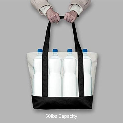 TOPDesign 1 | 3 | 6 | 30 Pack Canvas Tote Bag with an External Pocket, Reusable Grocery Shopping Bag, Top Zipper Closure, Daily Essentials (Black/Natural Pack of 1)