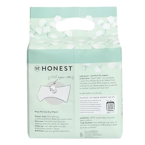 The Honest Company 100% Pure Organic Cotton Dry Wipes | Multi-Use Disposable Facial Cloth and Baby Wipe | Hypoallergenic and Gentle on Skin | 192 Count