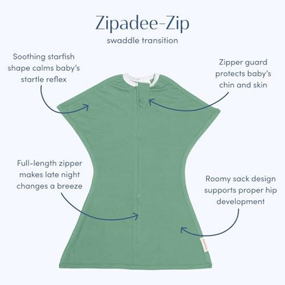 SleepingBaby Zipadee-Zip Transition Swaddle - Cozy Baby Swaddle Blanket with Zipper Convenience - Roomy Wearable Blanket for Easy Diaper Changes - Basil, Small (4-8 Month)