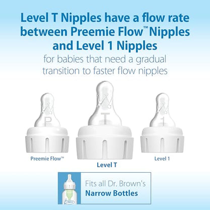 Dr. Brown’s Level T Narrow Baby Bottle Nipple, Slower Flow Rate for Infants, 100% Silicone Bottle Nipple, BPA Free, 0m+ – 6-Pack