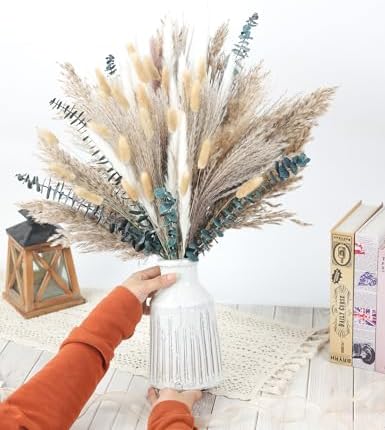 120 PCS Dried Pampas Grass Decoration, Pampas Grass with Preserved Eucalyptus Leaves Dried Flowers, Reed Grass Bouquet for Bohemian Flowers Home Table Wedding Decoration, Rustic Farmhour.(light brown)