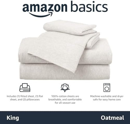 Amazon Basics 4 Piece Bed Sheets Set, 100% Cotton Jersey, Includes Super Soft, Flat and Fitted Sheets, Pillowcase, King, Oatmeal, Solid