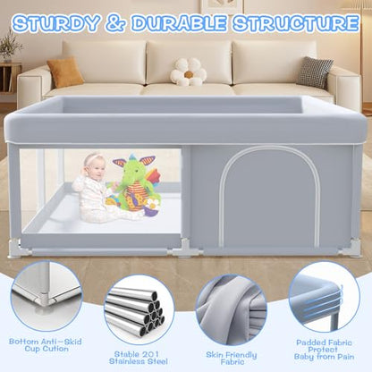 Baby Playpen 50 x 50 Inch Play Pen Playards, Playpen for Babies and Toddlers, Baby Playard for Indoor & Outdoor Active Center Game Fence, with Skin-Friendly Fabric and Soft Breathable Mesh Grey