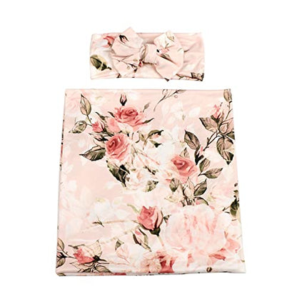 Galabloomer Receiving Blanket Headband Set Flower Print Baby Swaddle Blankets Vintage Rose