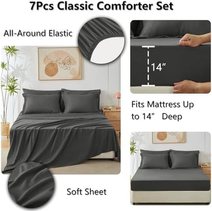 CozyLux Queen Comforter Set Dark Grey - Bed in a Bag Queen Size 7 Pieces, Luxury Soft Bed Set for All Seasons, Bedding Set with Down Alternative Comforter, Sheets, Pillowcases & Shams