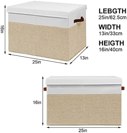Large Toy Storage Box with Lid, Sturdy Toys Storage Chest Bin Organizer Basket with Dividers for Kids, Boys, Girls, Nursery, Closet, Bedroom, Playroom 25"x13" x16" (Beige and White)