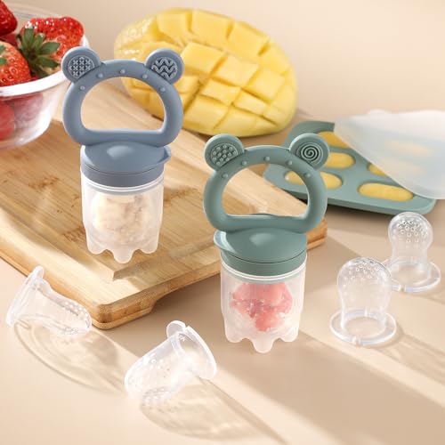 2 Pack Silicone Baby Fruit Feeder with Mini Freezer Tray, Baby Teethers, Breastmilk Popsicle Molds for Baby Teething Relief, Fresh Food Feeder for Safe Infant Self Feeding, Extra Food Pouches