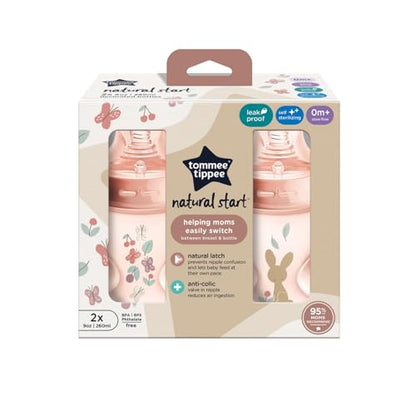 Tommee Tippee Natural Start Anti-Colic 9 oz BPA Free Baby Bottles, 0+ Months, Slow Flow Breast-Like Nipple, Self Sterilizing, Designed for Seamless Transition Between Bottle & Breast, Pink, Pack of 2
