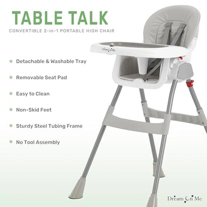 Dream On Me Portable 2-in-1 Tabletalk High Chair, Convertible Compact High Chair, Light Weight Portable Highchair, Grey