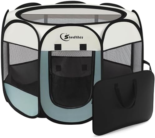 Dog Cat Playpen, Puppy Pet Playpen Indoor for Small Dogs Tent Crates Cage Outdoor, Portable Pop Up Dog Kennel Playpen with Carrying Case for Dogs/Cats/Rabbits, Removable Zipper Top, Grey