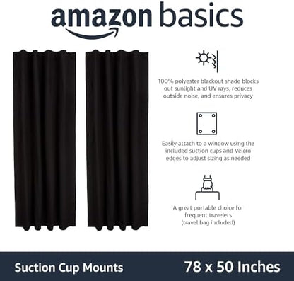 Amazon Basics Portable Blackout Curtain Shade with Suction Cups, 50" x 78", 2-Pack, Black
