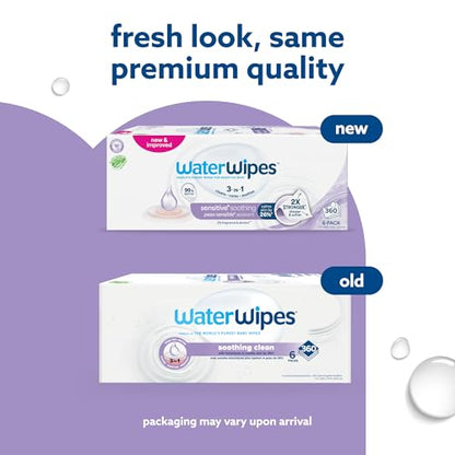 WaterWipes Sensitive+ Soothing Wipes, 3-In-1 Cleans, Cares, Soothes, 99% Water with Botanical Extract, Unscented & Hypoallergenic Baby Wipes, 360 Count (6 Packs)