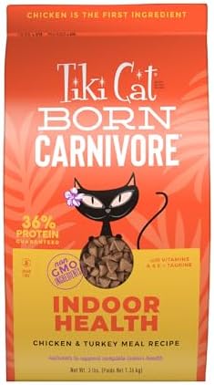 Tiki Cat Born Carnivore High Protein, Indoor Health, Chicken and Turkey Meal Recipe, Grain-Free Baked Kibble to Maximize Nutrients, Dry Cat Food, 3 lb. Bag