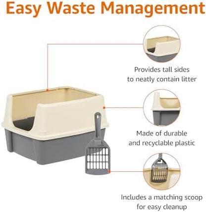 Amazon Basics Large Cat Litter Box with High Sides, Open Top, Includes Scoop, 19 x 15 x 11.75 inches, Grey/Beige