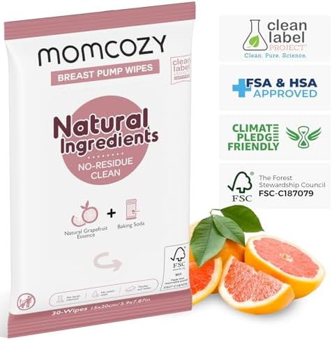 Momcozy Natural Breast Pump Wipes for Pump Parts Cleaning On-the-go, 30 Count (Pack of 3), Flash Clean & Resealable Pump Wipes