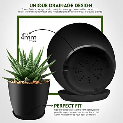 Utopia Home - Plant Pots Indoor with Drainage - 7/6.6/6/5.3/4.8 Inches Flower Pots for Indoor Planter - 5 Pack Plastic Planters - Ideal for Stocking Stuffers or Home Christmas Decorations - Black