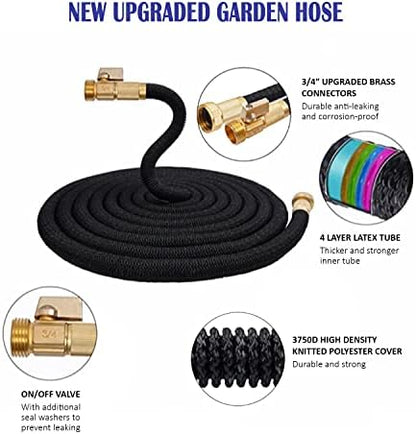 J&B XpandaHose 75ft Expandable Garden Hose with Holder - Heavy Duty Superior Strength 3750D - 4 -Layer Latex Core - Extra Strong Brass Connectors and 10 Spray Nozzle w/Storage Bag (Black 75)