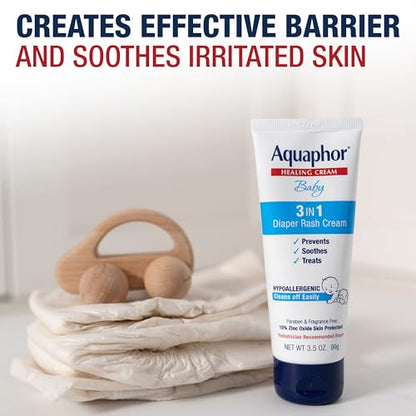 Aquaphor Baby Diaper Rash Cream, 3-in-1 Diaper Rash Relief, 3.5 Oz Tube, (Pack of 3)