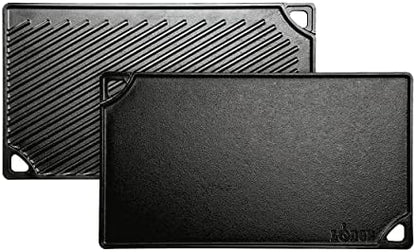 Lodge Reversible Cast Iron Grill/Griddle – 9.5 x 16.75 Inch Pre-Seasoned Cooking Surface – Flat & Ribbed Sides – Use on Stove, Grill, or Campfire – Made in the USA – Heavy-Duty, Black