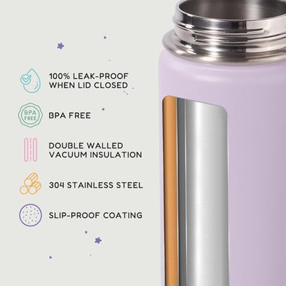 12oz Kids Water Bottle for School, Toddler Bottles with Straws, Stainless Steel Vacuum Insulated Water Bottle for Boys&Girls, Leak-Proof, BPA-Free, Purple