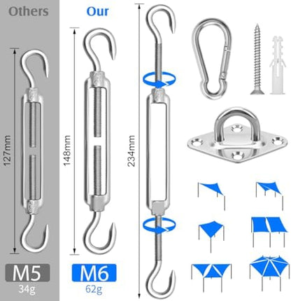 Sun Shade Sail Hardware Kit 6 Inch for Rectangle & Triangle Shade Sail Install, Stainless Steel ShadeSail Fixing Accessories for Outdoor Patio Canopy Garden, Heavy Duty Awning Attachment 44 Set