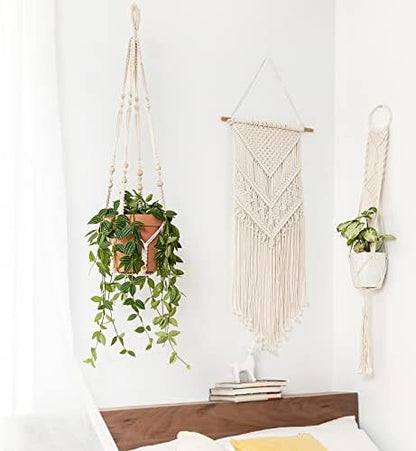 Mkono Macrame Plant Hanger Indoor Hanging Planter Basket with Wood Beads Decorative Flower Pot Holder No Tassels for Indoor Outdoor Boho Home Decor 35 Inch, Ivory, Set of 2 (POTS NOT Included)
