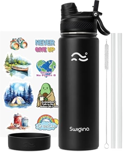 [2-IN-1 LID] Insulated Water Bottle with Silicone Boot (36hrs Cold/18hrs Hot) - DIY Stickers, Leakproof, BPA Free, Black, 24 oz
