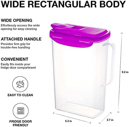 LocknLock Aqua Fridge Door Water Jug with Handle BPA Free Plastic Pitcher with Flip Top Lid Perfect for Making Teas and Juices, 2 Quarts, Purple