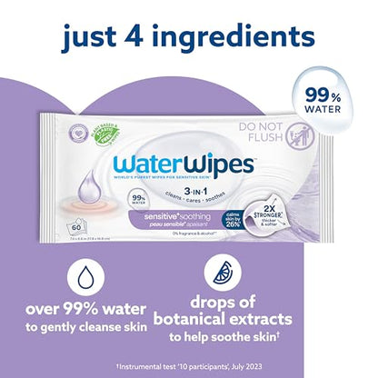 WaterWipes Sensitive+ Soothing Wipes, 3-In-1 Cleans, Cares, Soothes, 99% Water with Botanical Extract, Unscented & Hypoallergenic Baby Wipes, 360 Count (6 Packs)