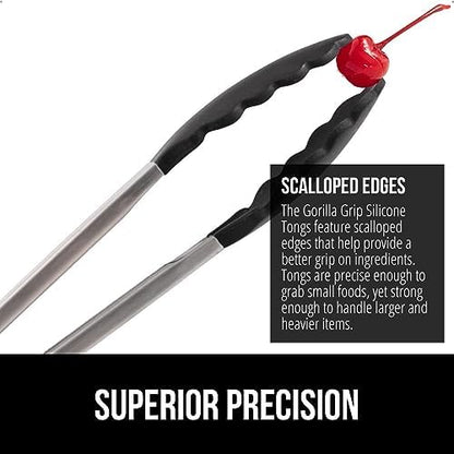 GORILLA GRIP Stainless Steel Heat Resistant Kitchen Tongs for Cooking, 7 + 12 Inch Set of 2 BBQ Tong, Non Scratch Silicone Tip for Pan, Strong Grip, Grab Food, Toss Salad, Air Fryer, Pull Lock, Black