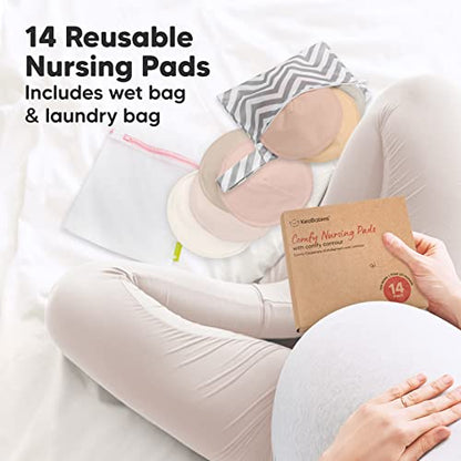 Organic Nursing Pads - 14 Washable Viscose Derived from Bamboo Breastfeeding Pads, Wash Bag, Reusable Breast Pads for Breastfeeding, Nipple Pads for Breastfeeding Essentials(Neutrals, L 4.8")