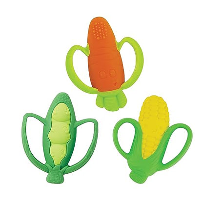 Infantino Lil’ Nibbles Textured Silicone Teethers, BPA-Free Baby Teething Toy, Soft, Easy to Hold, Sensory Stimulation for Infants, Carrot, Corn, Pea Pod, 3-Pack Set