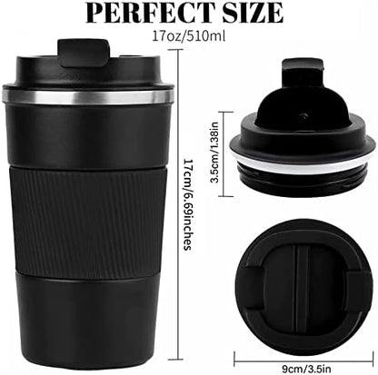 YINBAOGE Insulated Travel Coffee Mug Spill Proof Leak Proof Pobtable To Go Camping Stainless Steel Coffee Tumbler Reusable Coffee Cups with Lids Thermos for Hot and Cold Drink (Black, 17 OZ)