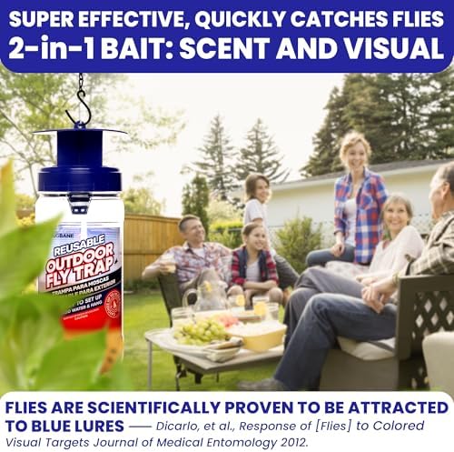 2 Fly Traps Outdoor Fly Trap for Patio with 4 Non-Toxic Dissolvable Bait Refills. Reusable Hanging Bug Catcher Killer for All Filth Flies for Outside Bug Control Yard Ranch. Hanging Chains Included