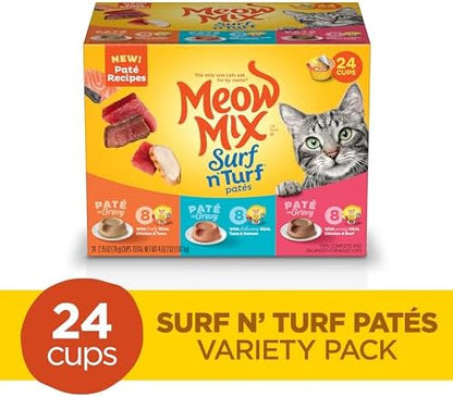 Meow Mix Paté in Gravy Wet Cat Food Variety Pack, Surf n’ Turf Patés 2.75 Ounce (Pack of 24)