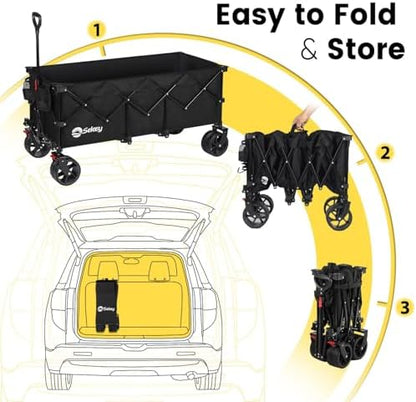 Sekey 48''L Collapsible Foldable Extended Wagon with 440lbs Weight Capacity, Heavy Duty 300L Folding Utility Garden Cart with Big All-Terrain Beach Wheels & Drink Holders. Black