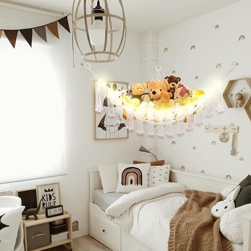 Stuffed Animal Hammock with LED Light, Jumbo Toy Hammock for Stuffed Animals Storage for Kids Room Decor, Stuffed Animal Hammock Corner, White