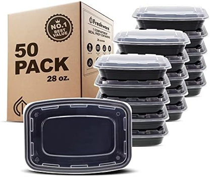 Freshware Meal Prep Containers [50 Pack] 1 Compartment with Lids, Food Storage Containers, Bento Box, BPA Free, Stackable, Microwave/Dishwasher/Freezer Safe (28 oz)
